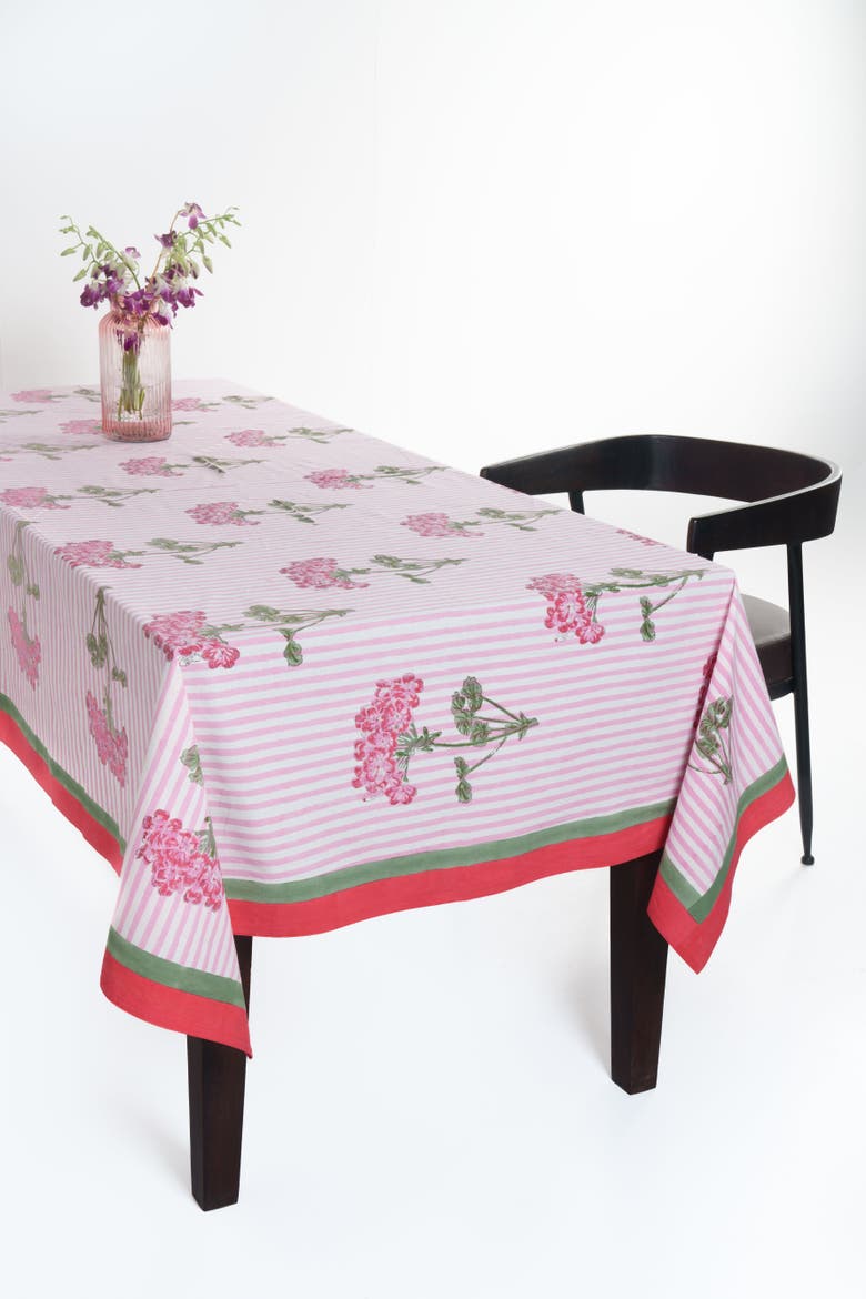 Pink Hydrangea Blockprint Tablecloth, Main, color, Pink Hydrangea - 60x90