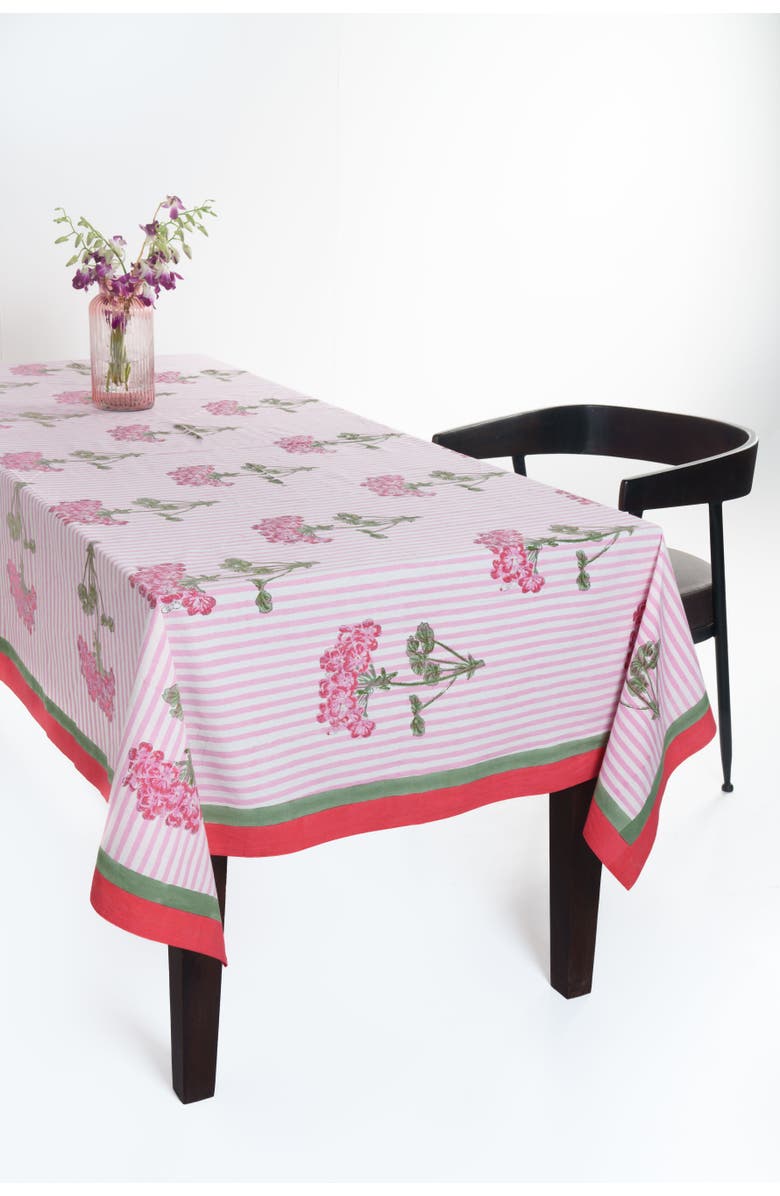 Inner Child Pink Hydrangea Blockprint Tablecloth, Main, color, Pink Hydrangea - 60X90