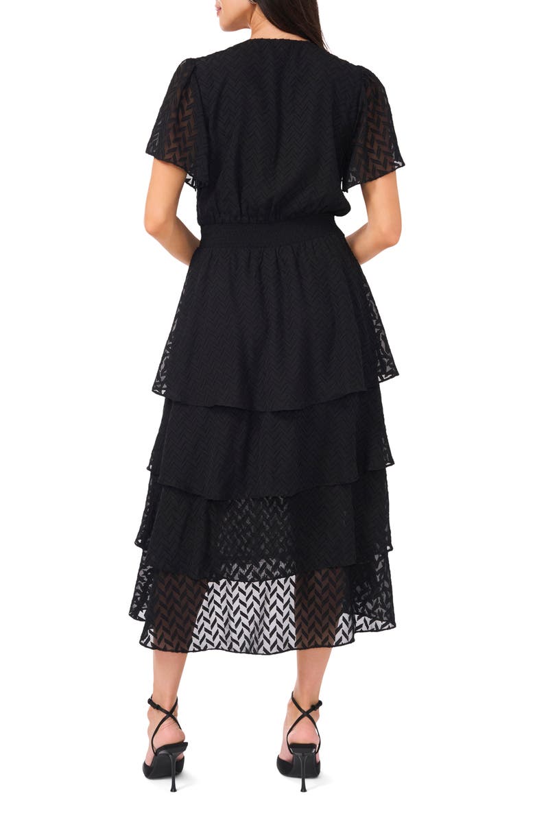 Vince Camuto Four Tiered Flutter Sleeve Chiffon Midi Dress, Alternate, color, Rich Black