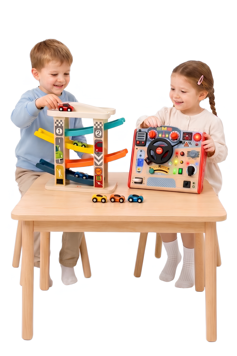 2 in 1 Kids Montessori Car Activity Set Driving Busy Board & Ramp Race Track, Main, color, Multicolor
