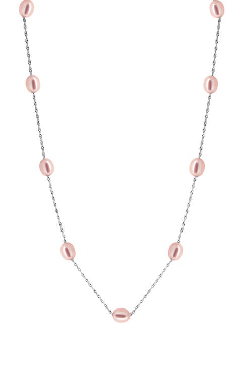 Sterling Silver 7mm Pink Freshwater Pearl Station Necklace