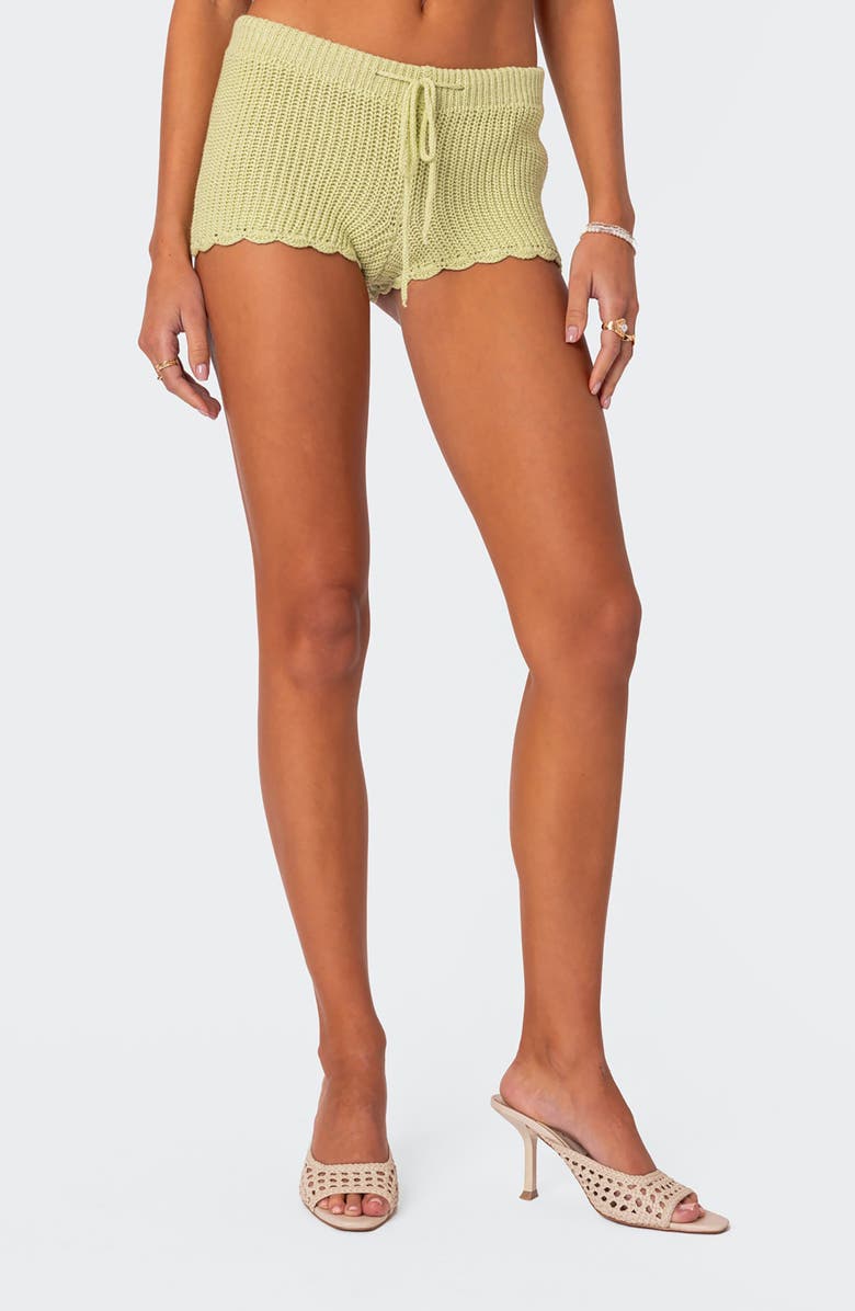 EDIKTED Danika Open Stitch Drawstring Shorts, Main, color, Sage