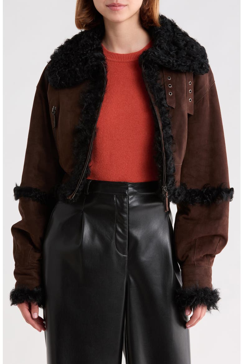 Cropped Suede Jacket with Faux-Shearling Trim, Main, color, EBONY