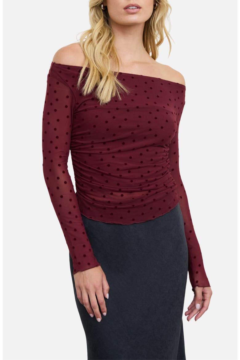 Polka Dot Mesh Off the Shoulder Bodysuit, Main, color, BURGUNDY