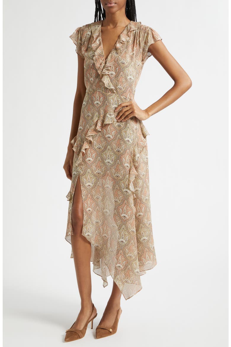 Avenel Paisley Asymmetric Hem Silk Dress, Alternate, color, STONE KHAKI MULTI
