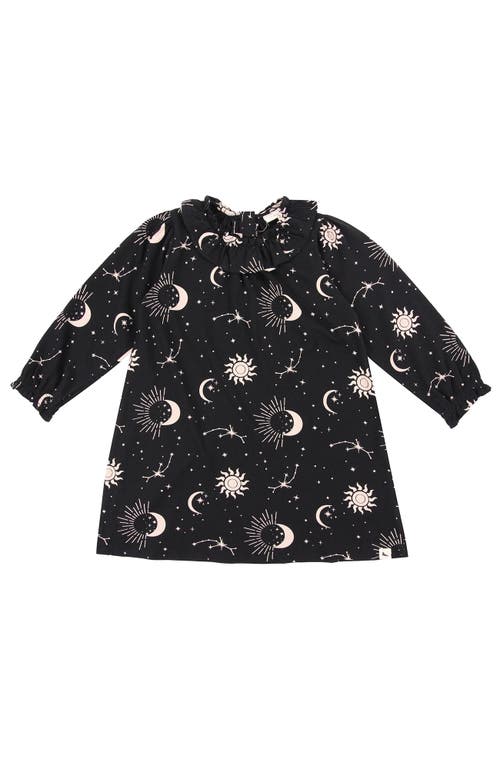 Turtledove London Kids Organic Cotton Celestial Print Ruffle Neck Dress In Black