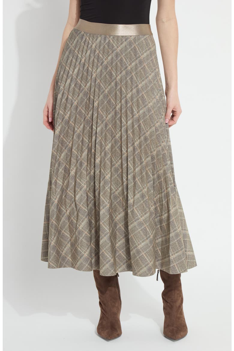 Sabrina Pleated Ponte Midi Skirt, Main, color, SMOKED GREEN PLAID