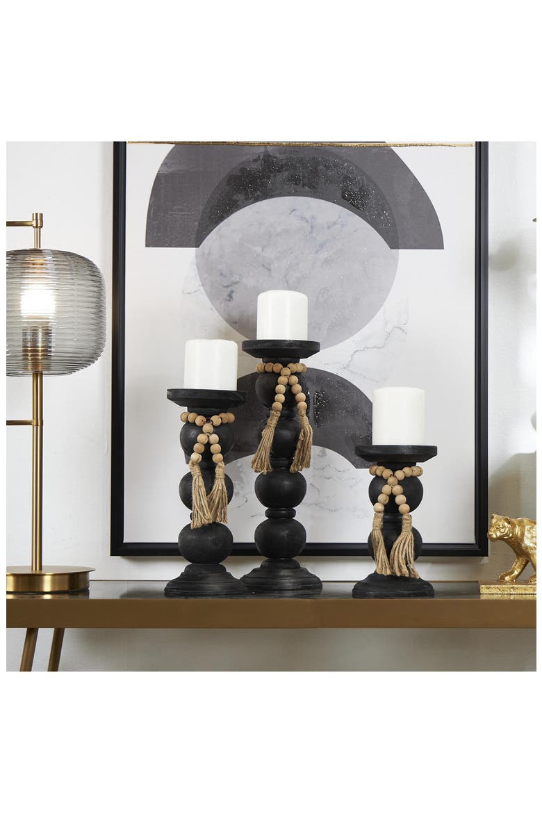 Set of 3 Wood Pillar Candle Holders, Alternate, color, BLACK
