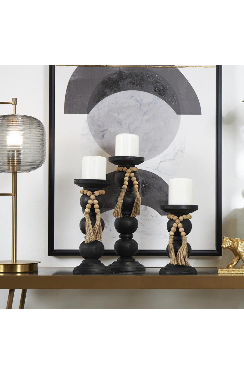 WILLOW ROW Set of 3 Wood Pillar Candle Holders, Alternate, color, Black