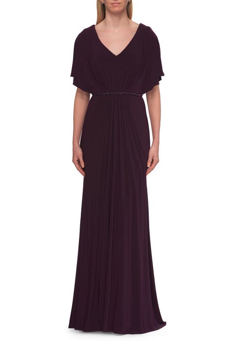 Flutter Sleeve Jersey Gown with Beaded Waist