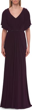 La Femme Flutter Sleeve Jersey Gown with Beaded Waist