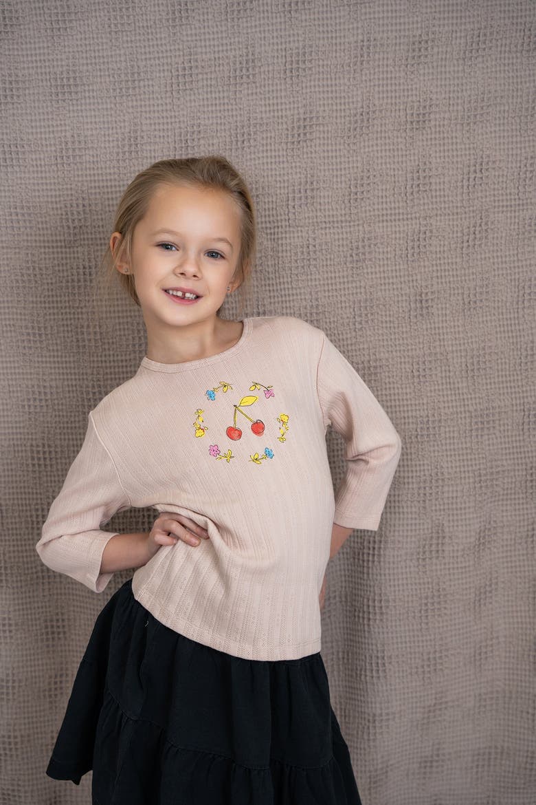 Cherry and Flower Pointelle Ribbed 3/4 Sleeve T Shirt, Alternate, color, Soft Pink