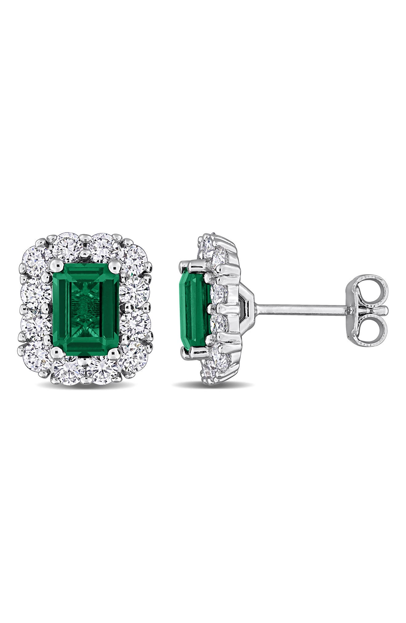 Created Forever Sterling Silver Emerald Cut Lab Grown Diamond Halo Stud Earrings