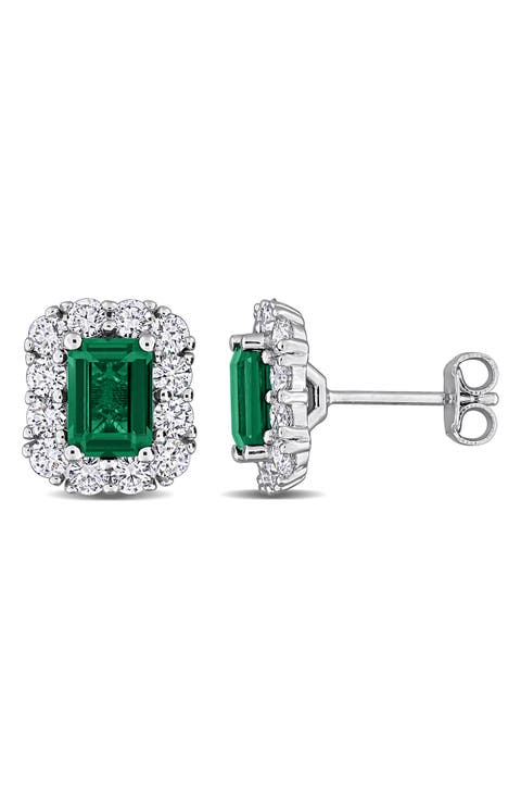 Sterling Silver Emerald Cut Lab Grown Diamond Halo Stud Earrings