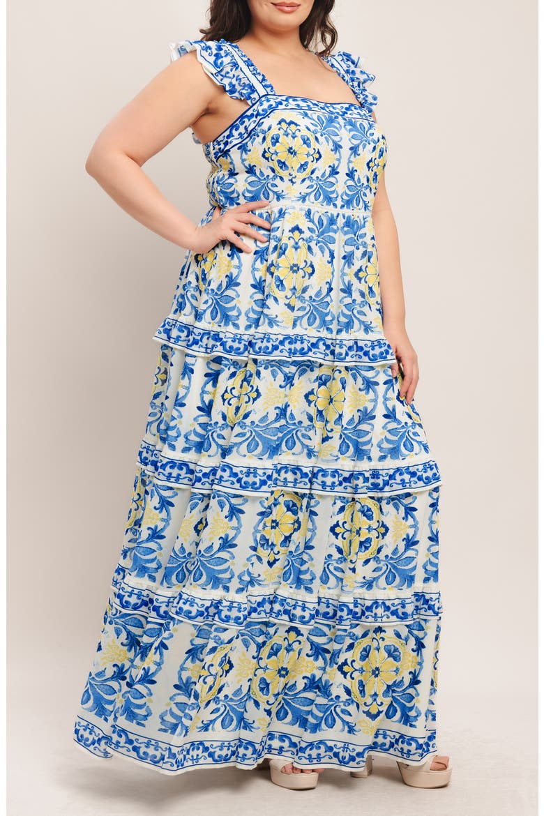 Ruffle Strap Tiered Maxi Dress, Alternate, color, OFF WHITE BLUE
