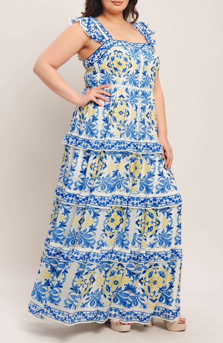 FLYING TOMATO Ruffle Strap Tiered Maxi Dress, Alternate, color, Off White Blue