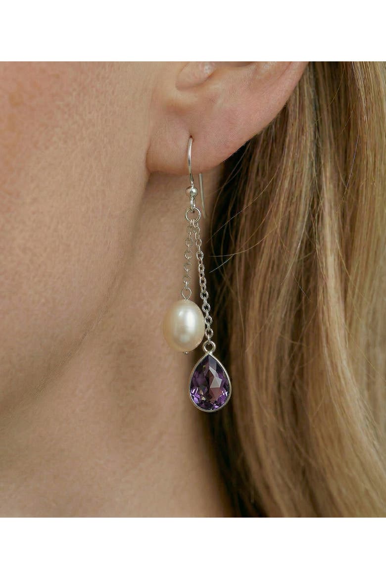 White Freshwater Drop Shape Cultured Pearl & amethyst Earrings, Alternate, color, Sterling Silver