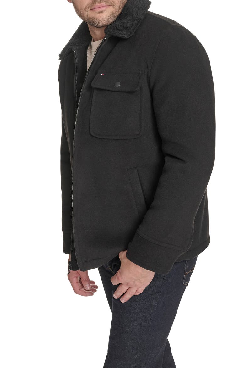 Laydown Shirt Jacket with Faux Fur Collar, Alternate, color, BLACK