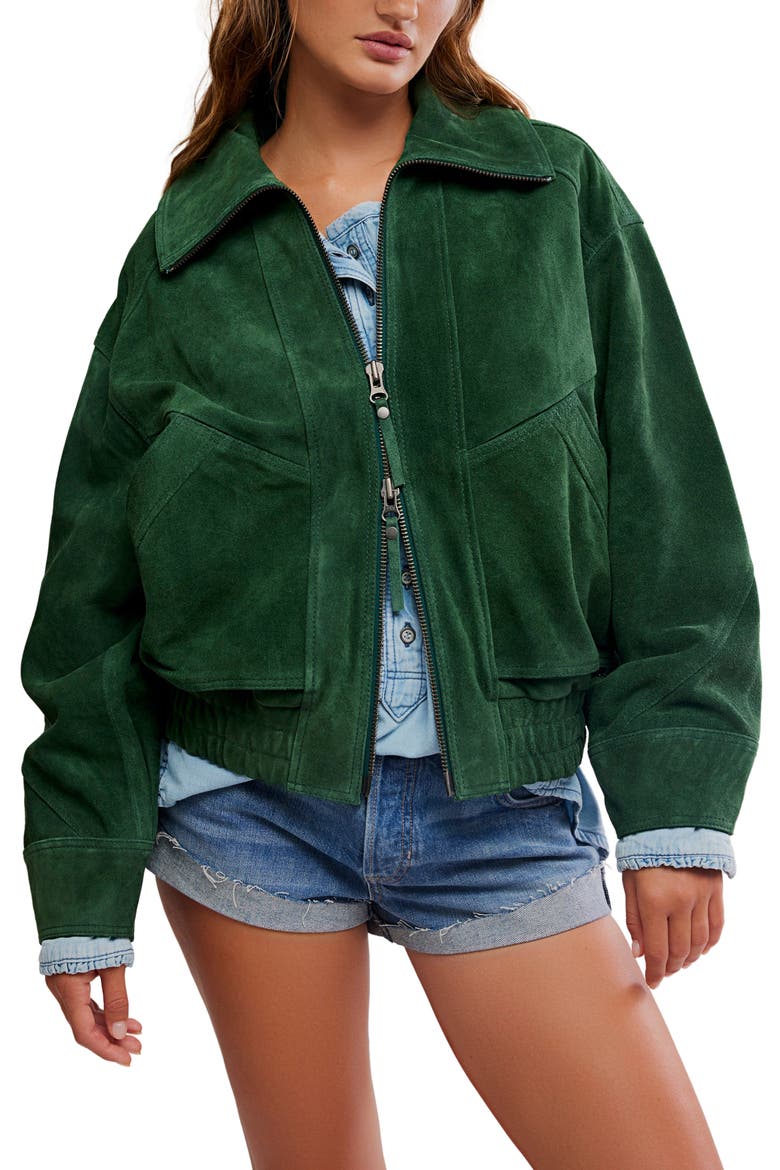 Desert Moon Suede Bomber Jacket, Main, color, GREEN GROVE