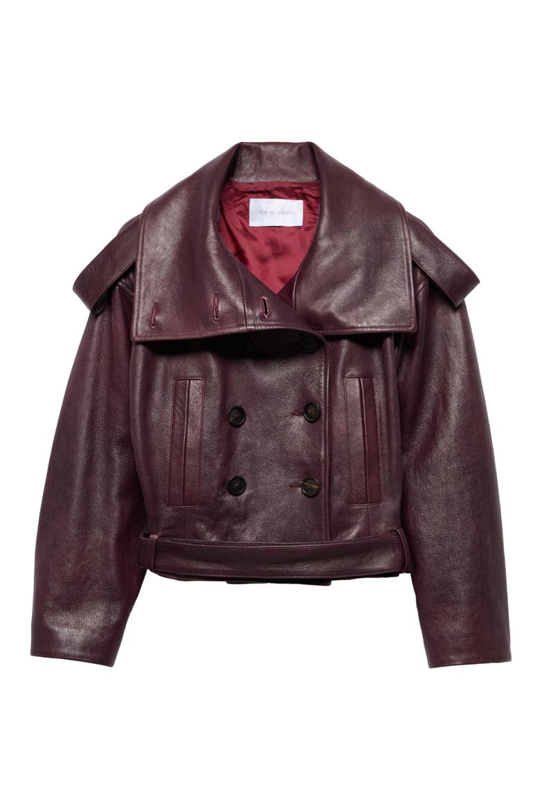 Double Breasted High Neck Leather Jacket, Alternate, color, LEATHER BURGUNDY