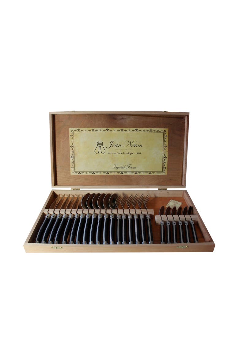 Platine 24 Piece Flatware Set in Wood Presentation Box, Main, color, Black