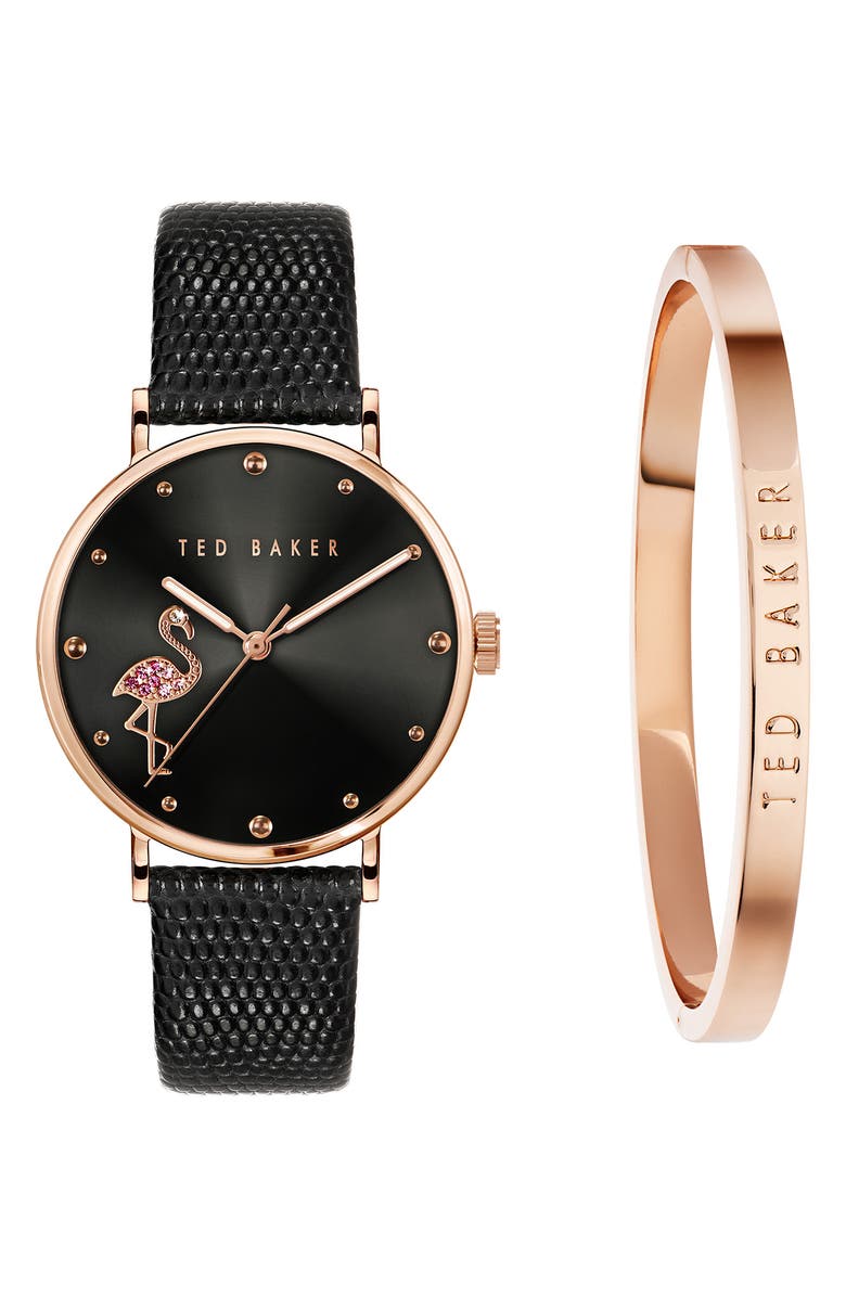 Ted Baker London Phylipa Crystal Flamingo Leather Strap Watch Gift Set, 37mm, Main, color,