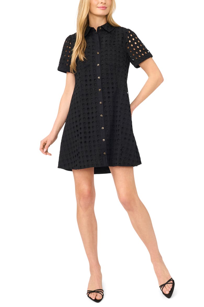 Cotton Eyelet Mini Shirtdress, Main, color, RICH BLACK