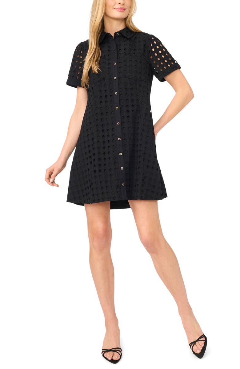CeCe Cotton Eyelet Mini Shirtdress, Main, color, Rich Black