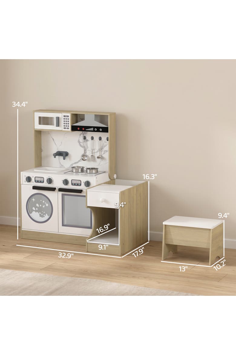 2-in-1 Kids Play Kitchen Set with Table and Chair, Sink, Oven, Cookware, Ages 3-8, Alternate, color, Natural wood finish