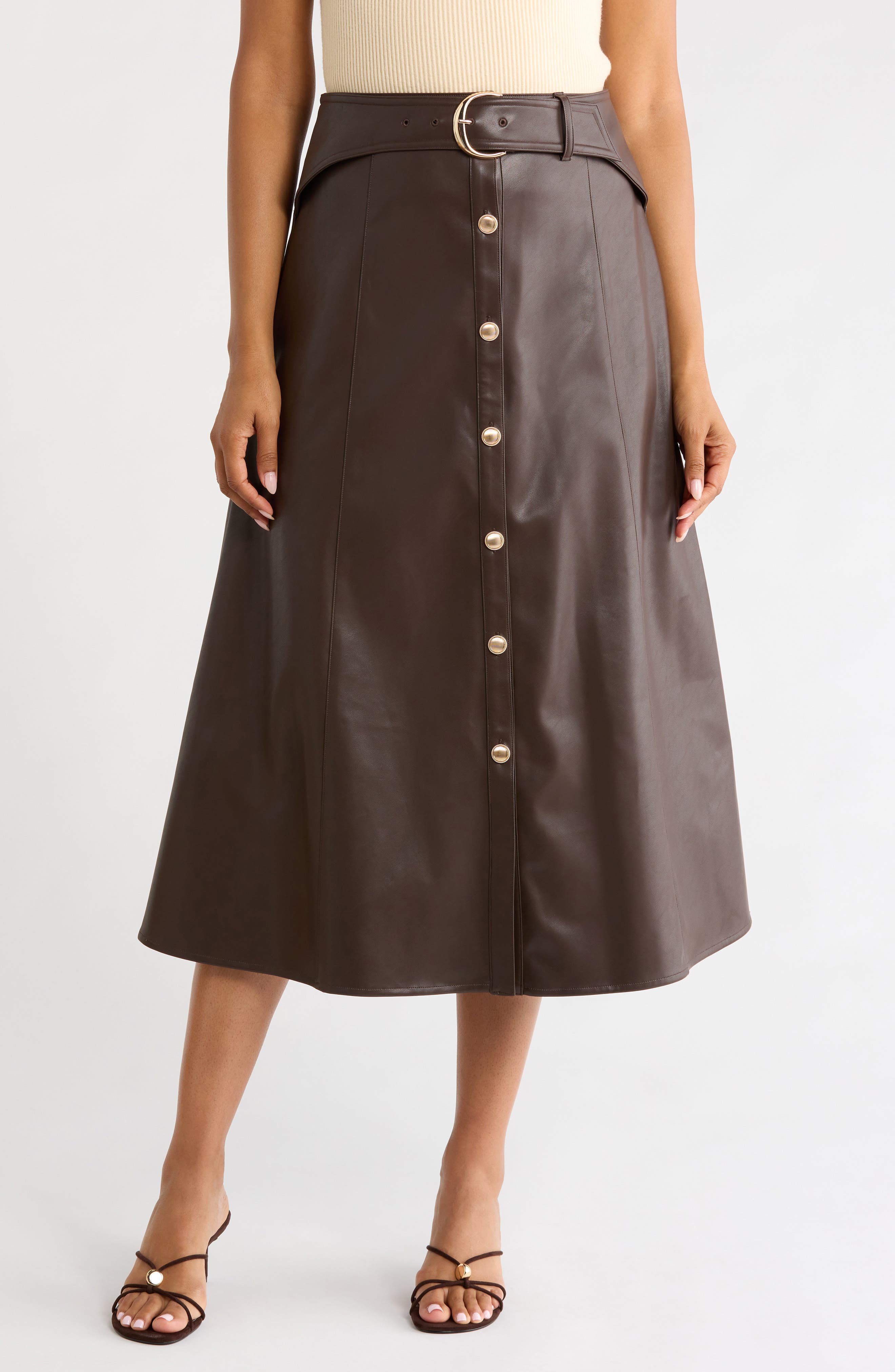 Button Front Faux Leather Midi Skirt