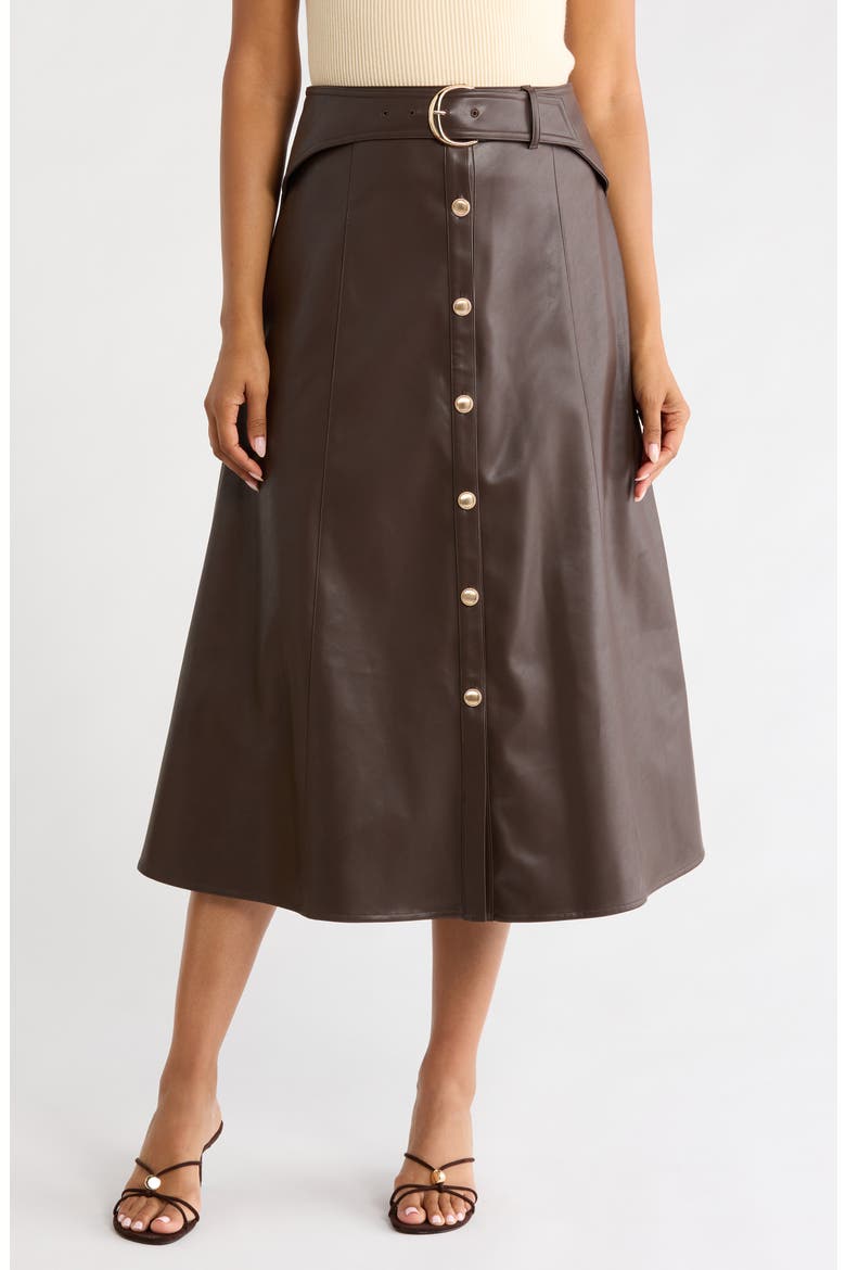 Button Front Faux Leather Midi Skirt, Main, color, BROWN