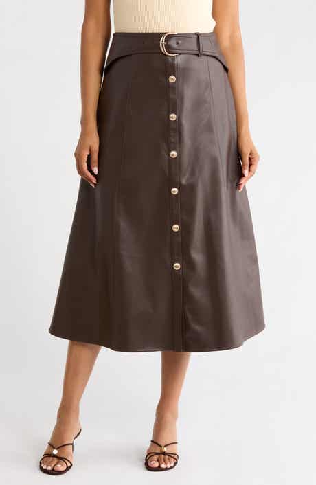 Button Front Faux Leather Midi Skirt