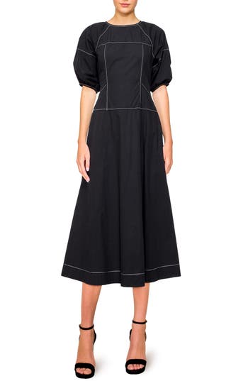 Melloday Stitch Detail Puff Sleeve A-line Midi Dress In Black