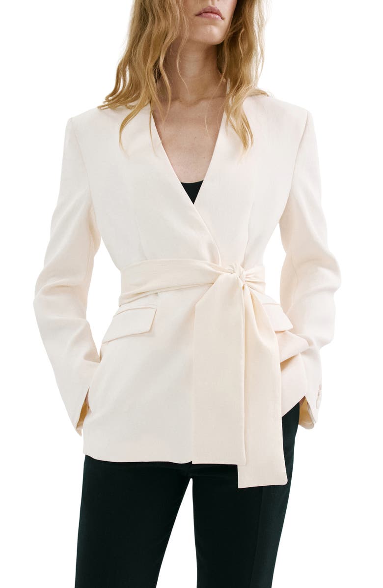 MANGO American New York Collarless Tie Waist Jacket with Scarf, Main, color, Ecru