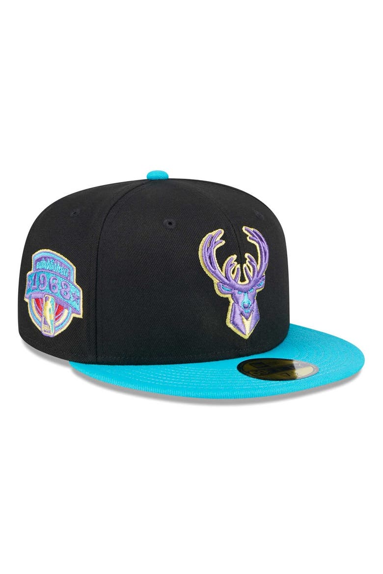 Men's New Era Black/Turquoise Milwaukee Bucks Arcade Scheme 59FIFTY Fitted Hat, Alternate, color, Black