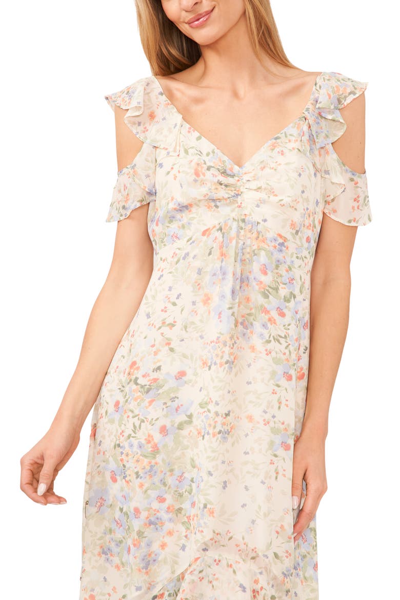 Floral Ruffle Chiffon High-Low Dress, Alternate, color, EGRET IVORY
