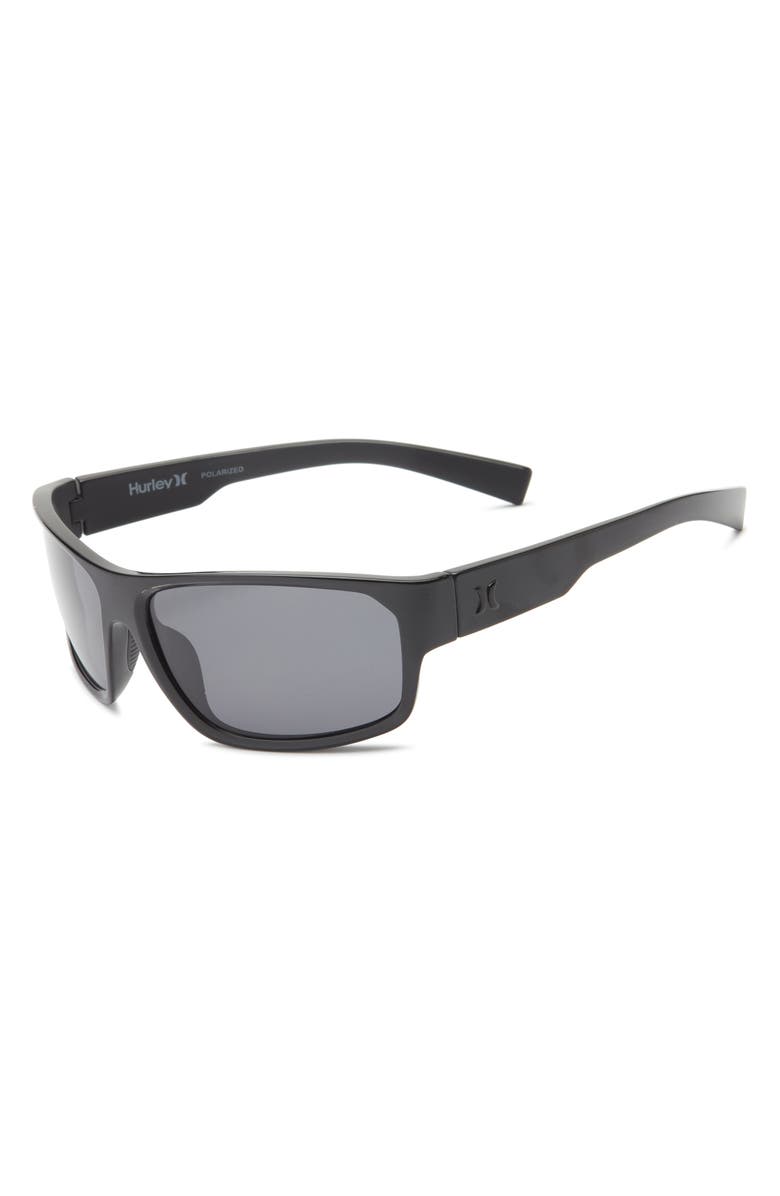 Hurley 64mm Mod Wrap Polarized Sunglasses, Alternate, color, Shiny Black