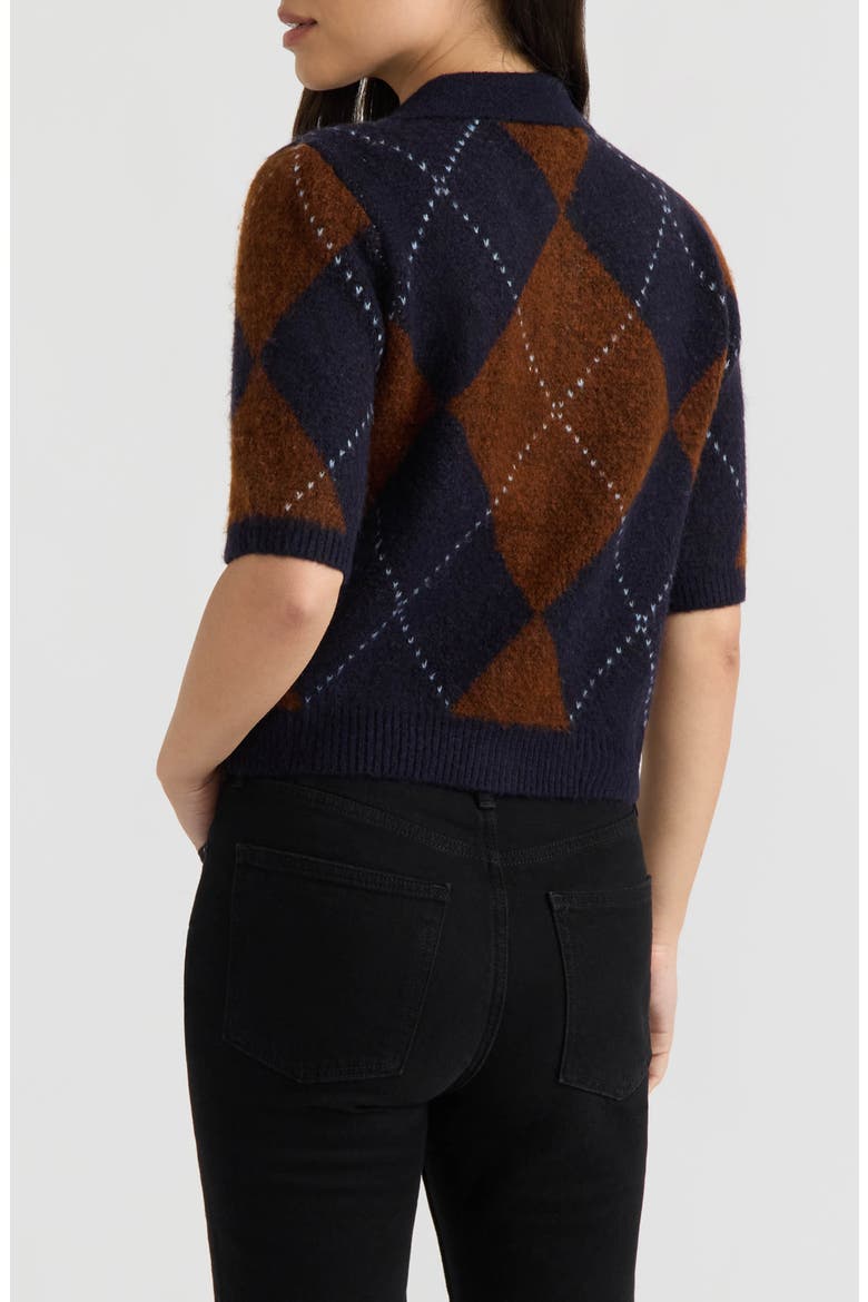 Short Sleeve Argyle Cardigan, Alternate, color, DARK NAVY/ COPPER ARGYLE