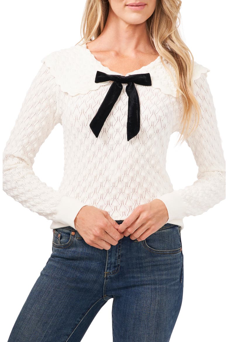 Pointelle Knit Collared Sweater with Velvet Bow, Main, color, ANTIQUE WHITE