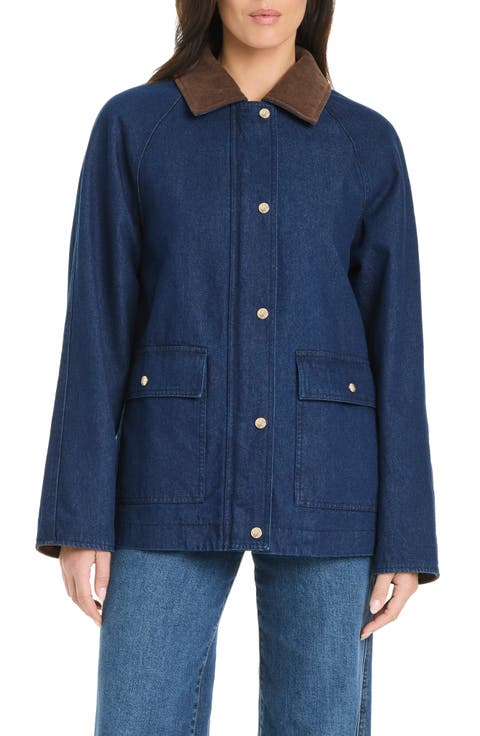 Corduroy-Collared Denim Utility Jacket