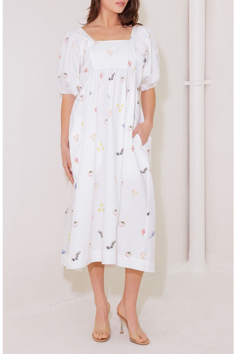Print Puff Sleeve Midi Dress, Alternate, color, WHITE