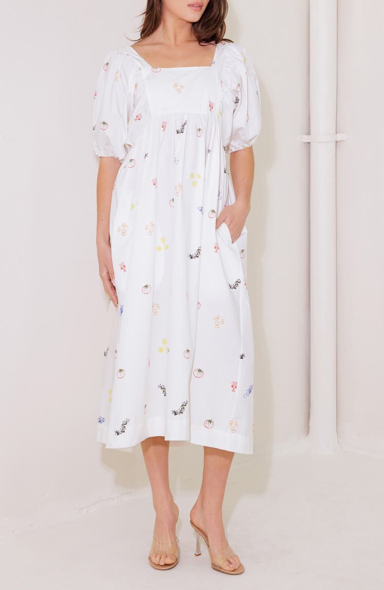 FREEMARKET Print Puff Sleeve Midi Dress, Alternate, color, White