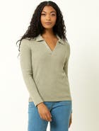 Single Stitch Classic Ribbed V-Neck Sweater with Collar