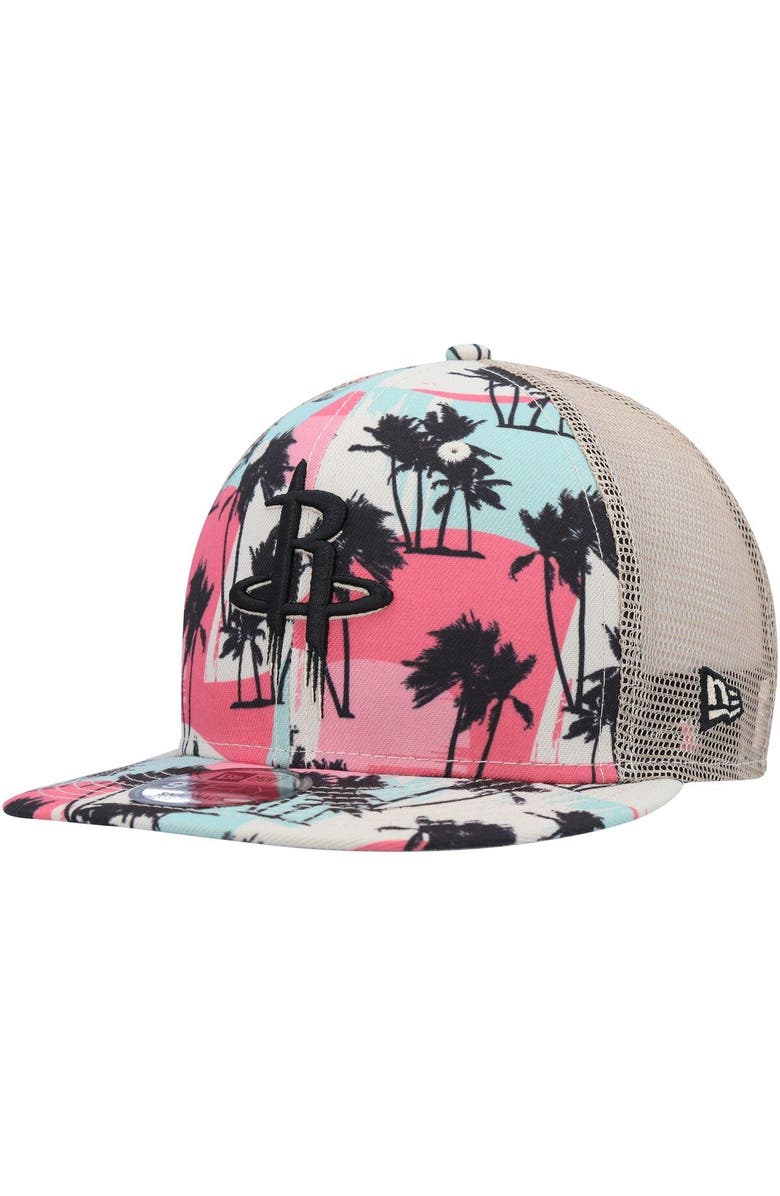 New Era Men's New Era Cream Houston Rockets Palm Trees 9FIFTY Trucker Snapback Hat, Alternate, color, 