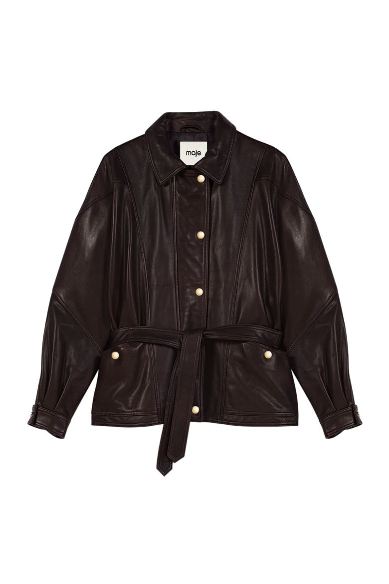 Oversize gold-button leather jacket, Alternate, color, Brown
