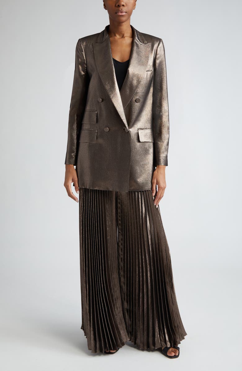 Max Mara Panteon Pleated Metallic Silk Blend Wide Leg Pants, Alternate, color, Bronze