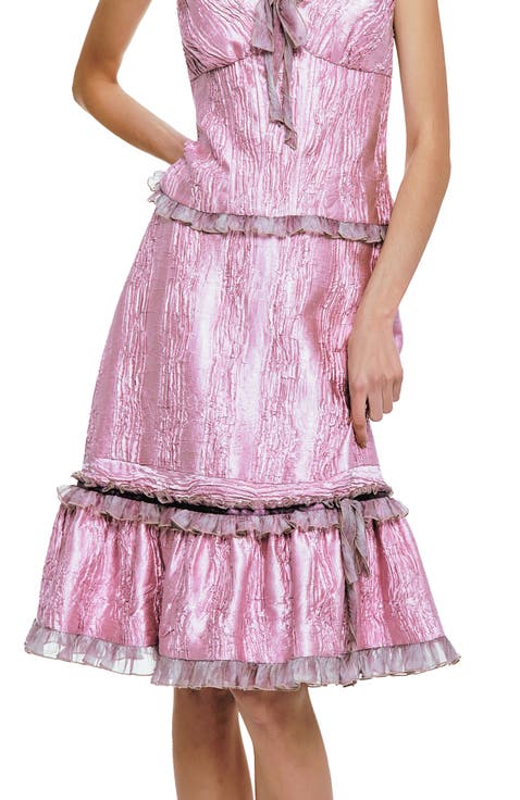 Crushed Satin Ruffle Midi Skirt