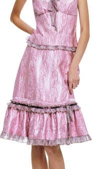 Anna Sui Crushed Satin Ruffle Midi Skirt