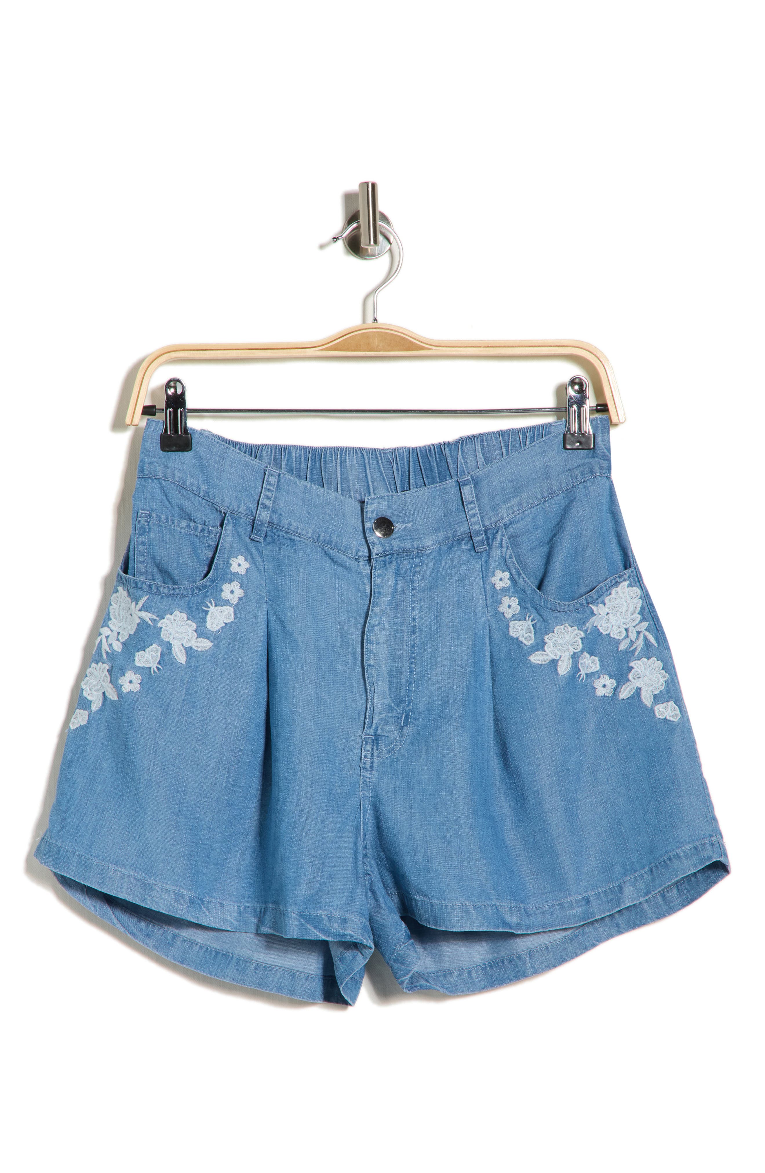 T Tahari Floral Embroidered Chambray Shorts