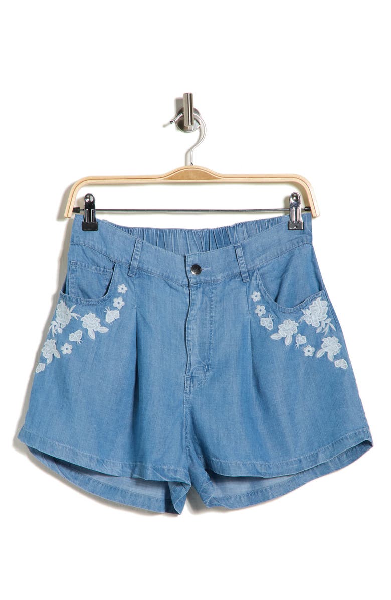 T Tahari Floral Embroidered Chambray Shorts, Main, color, Light Wash